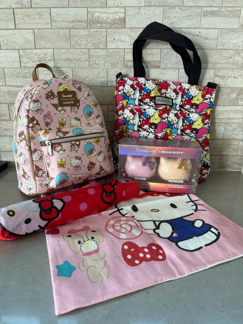 BUNDLE of Sanrio Pink Hello Kitty Backpack, Umbrella, totes & bath bomb Set